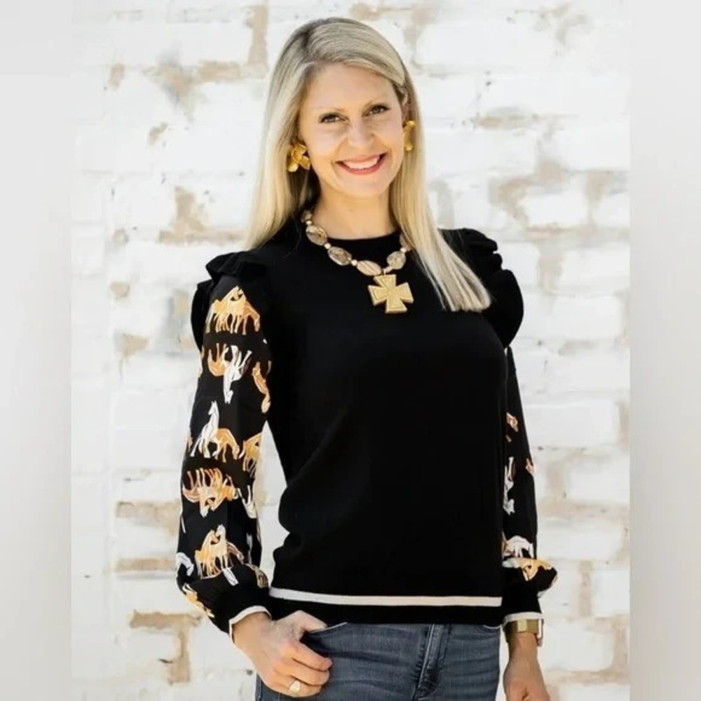 THML Black Horse Print Ruffle Sleeve Knit Sweater‎ Women's Size S